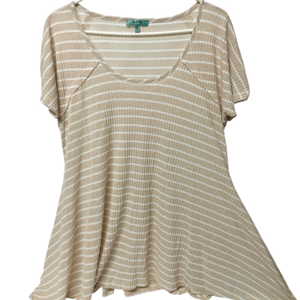 April Sky Top knit Pullover Round Neck Stretch Beige White Stripes Flowing S/M